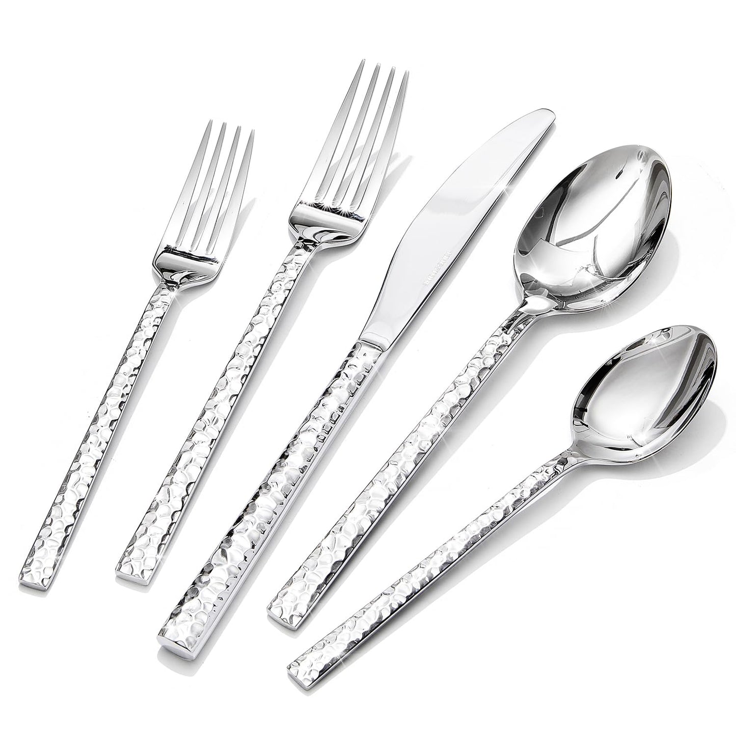 KINGSTONE 40 Piece Hammered Silverware Set, 18/10 Stainless Steel Flatware Set for 8, Cutlery Set for Home, Party, Wedding, Mirror Polished Dishwasher Safe