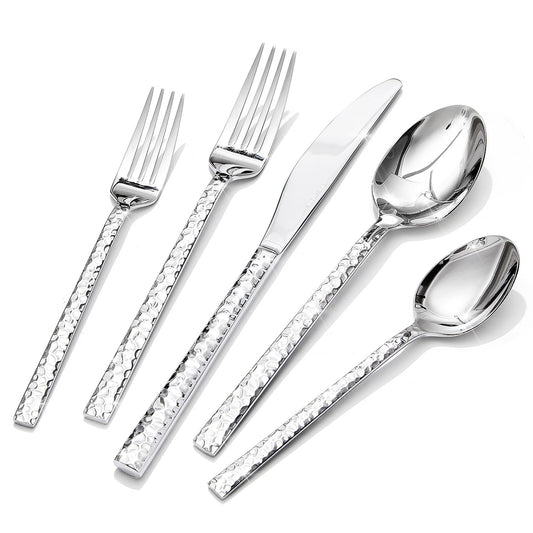 KINGSTONE 40 Piece Hammered Silverware Set, 18/10 Stainless Steel Flatware Set for 8, Cutlery Set for Home, Party, Wedding, Mirror Polished Dishwasher Safe