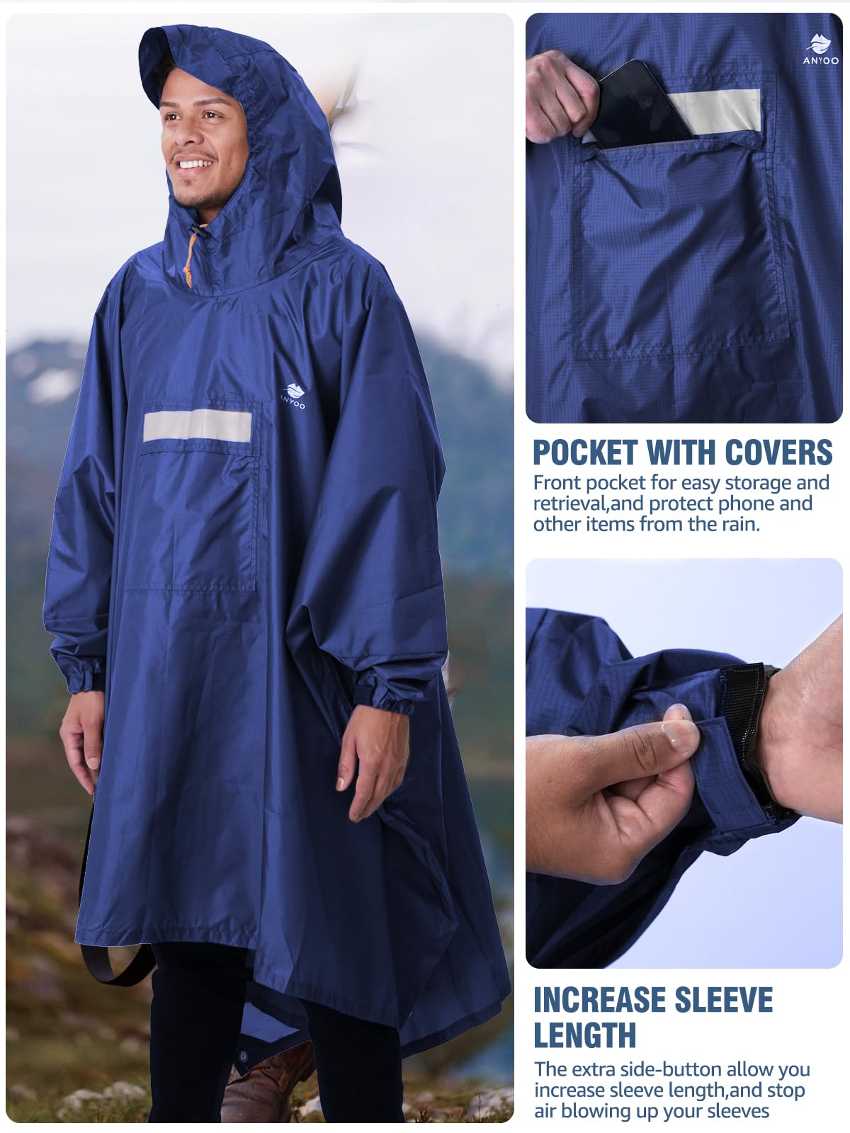 ANYOO Hooded Rain Poncho for Adults Waterproof Lightweight Rain Coat for Men Women Reusable Rain Jacket for Emergency Outdoor