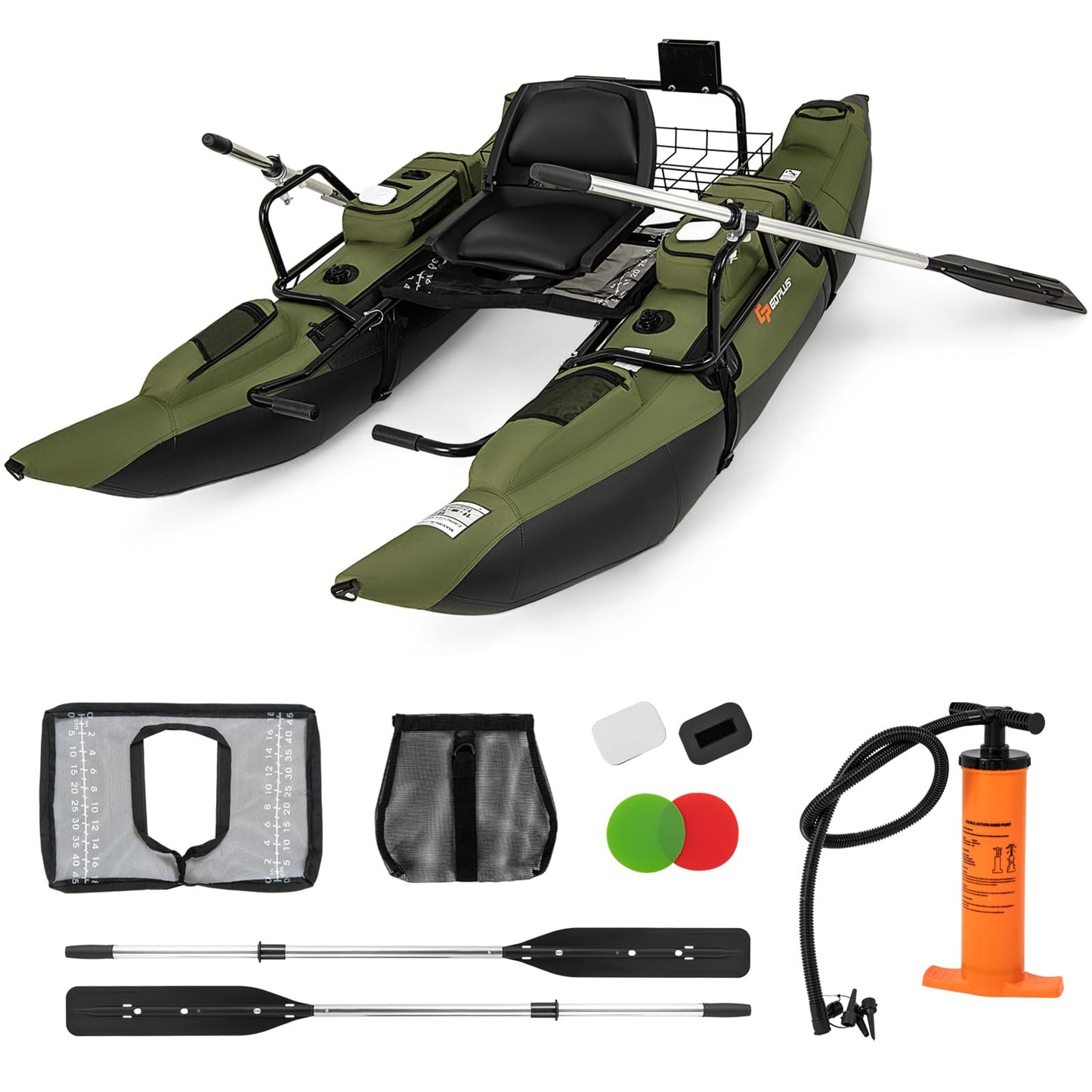 Goplus Inflatable Fishing Float Tube, Pontoon Boat w/Foldable Padded Seat, Adjustable Footrest, Pump, Paddles, Fish Ruler, Storage Basket,Pockets, 400 LBS Load Capacity Adult Belly Boat for Angling