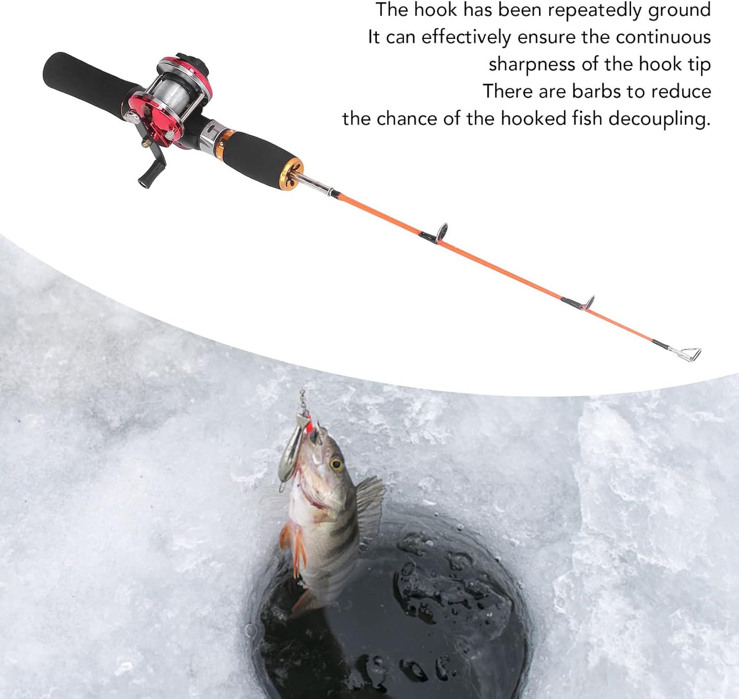 PerGar Ice Fishing Rod Reel Combo, Carbon Fiber Rod, 56cm, Ice Casting, Adult, Fish, 9.1oz, 8lb Monofilament Line, Medium Power, Includes Rod Handle, Reel, Hook Storage Box, Spoon, 10 Hooks