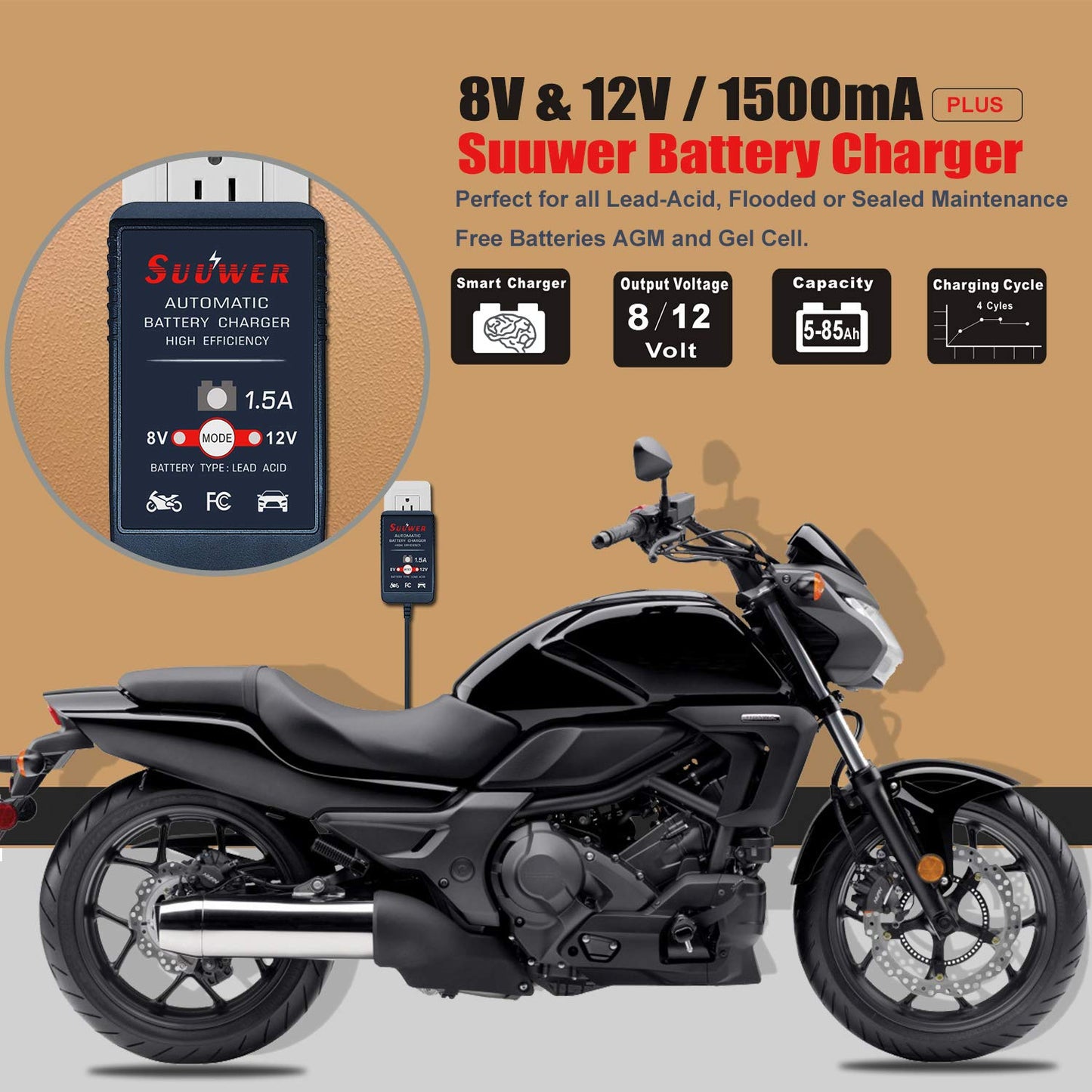 1.25-Amp Trickle Battery Charger 6V/12V Fully-Automatic Smart Battery Maintainer for Motorcycle, ATV, Boat, Lawn Mower and More