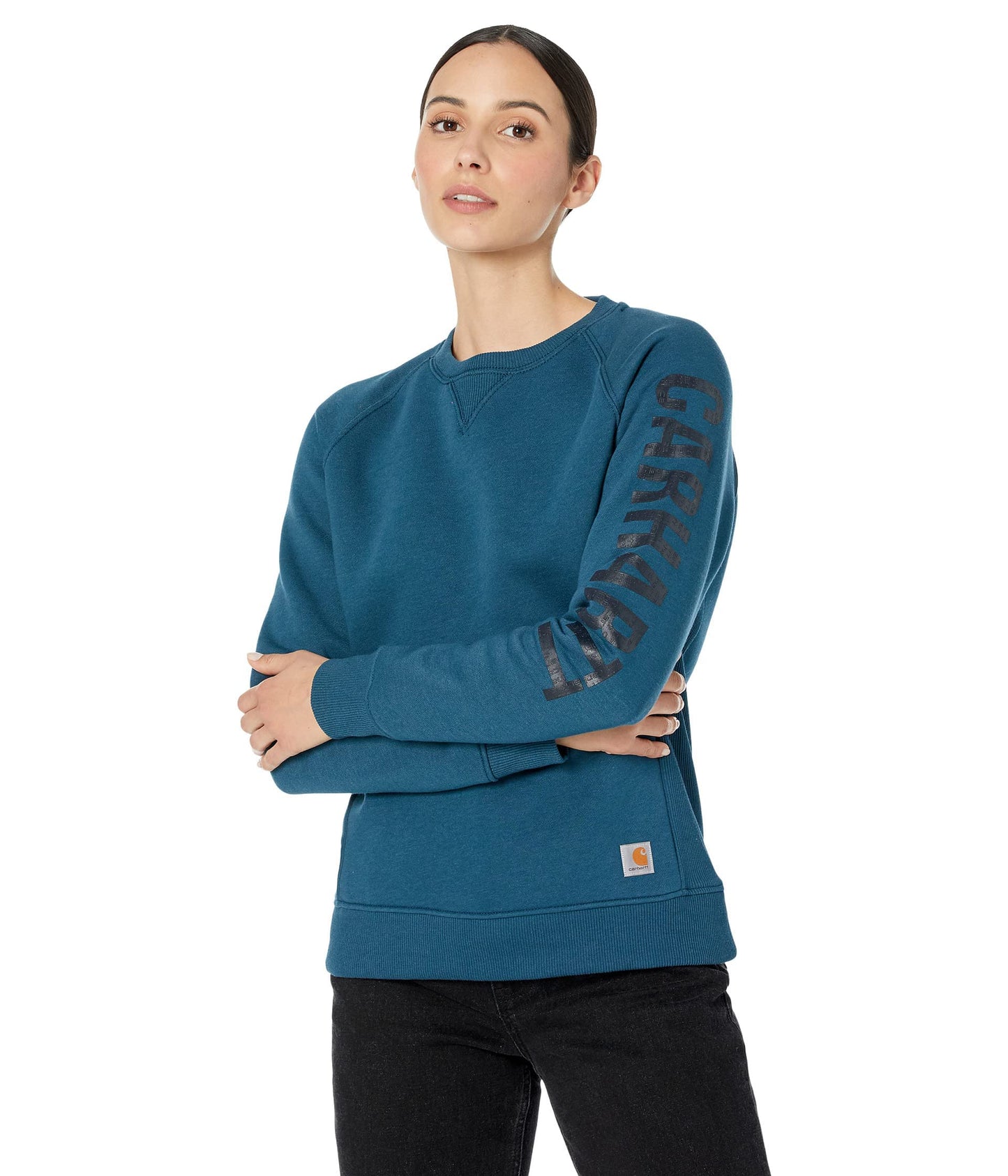 Carhartt Women's Relaxed Fit Midweight Crewneck Block Logo Sleeve Graphic Sweatshirt