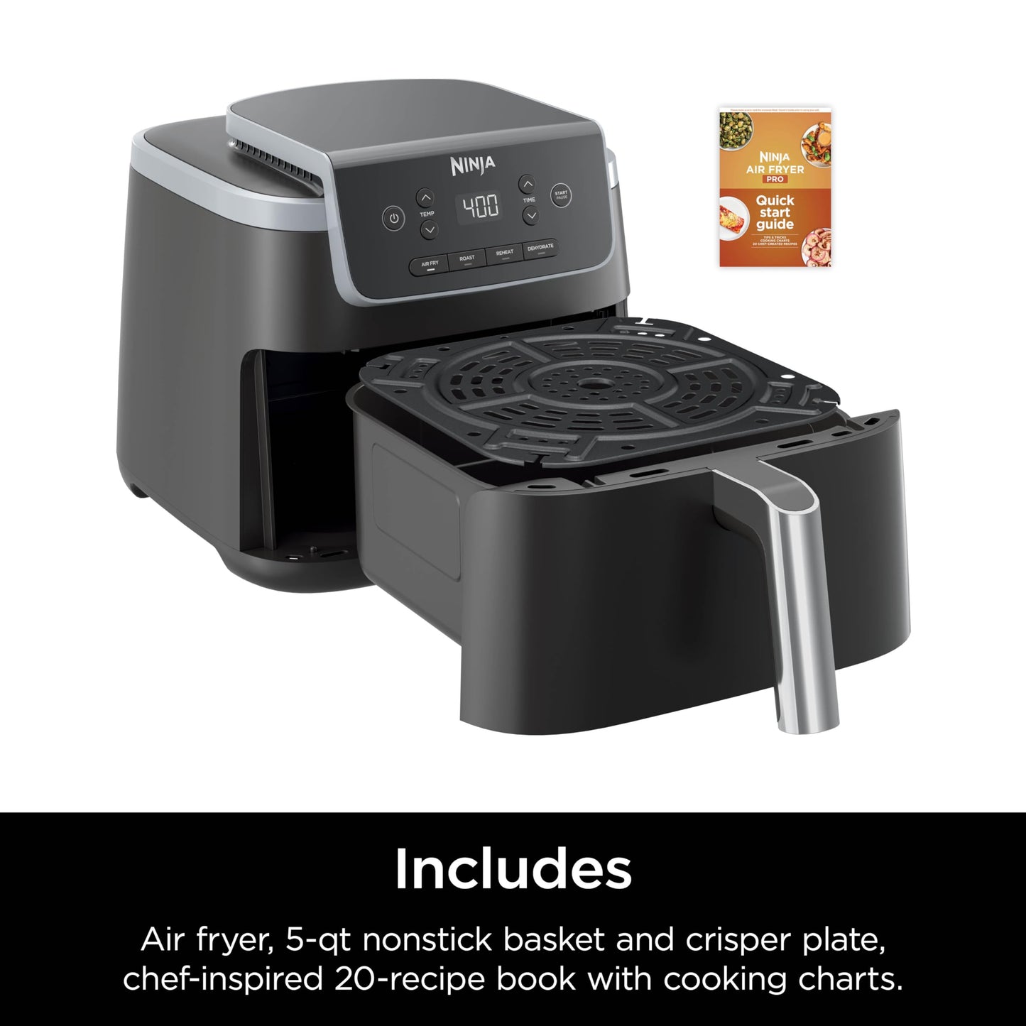 Ninja | Air Fryer | 4-in-1 Pro Air Fry, Roast, Reheat, Dehydrate | 5QT Capacity fits up to 4lbs of French Fries | 400F Max Temp | Nonstick Basket & Crisper Plate | 120V | Grey | AF141