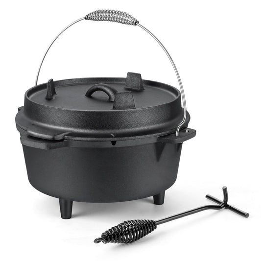 HaSteeL 7 QT Cast Iron Dutch Oven, Large 2 in 1 Camp Pre-Seasoned Deep Pot & Lid Skillet Pan, Heavy Thick 7 Quart Multiple Cookware with Feet for Outdoor Camping Baking, Bracket and Lid Lifter