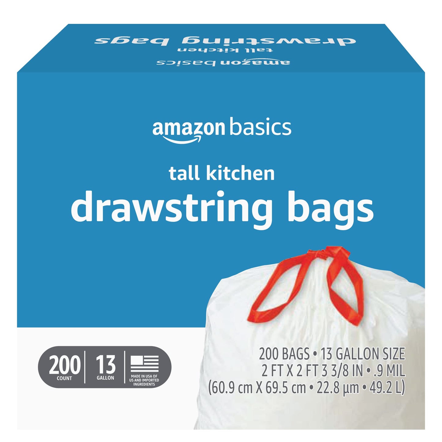 Amazon Basics Trash Bags, Tall Kitchen Drawstring, Unscented, 13 Gallon, 200 Count, Pack of 1