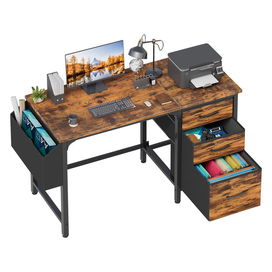 Lufeiya Computer Desk with Fabric File Drawers Cabinet, 47 Inch Reversible Home Office Desks with Filing Cabinet for Small Space, Study Writing Table PC Desks, Rustic Brown