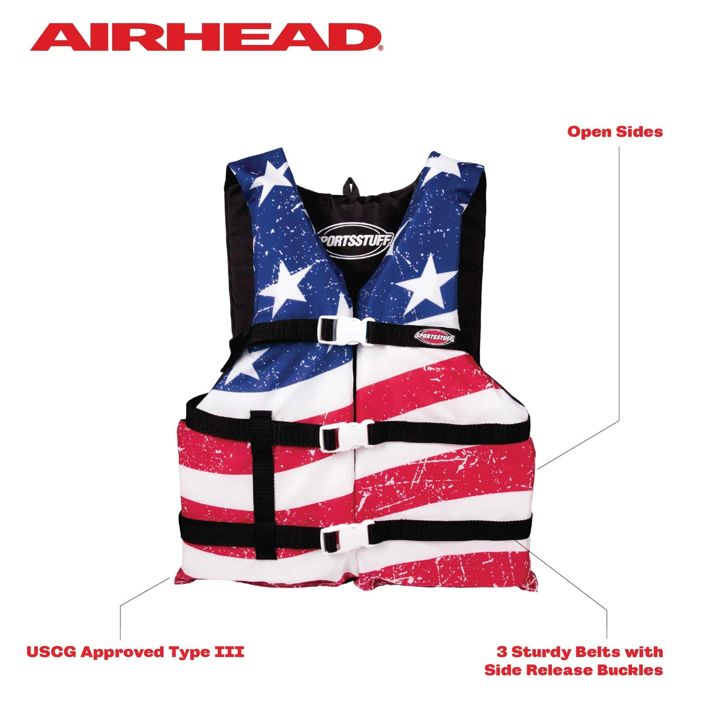 Sportstuff Type III Life Jacket US Coast Guard Approved Open Sides with 3 Body Belts & Buckles Quick Dry Fabric, Secure Fit, Comfortable Stars & Stripes