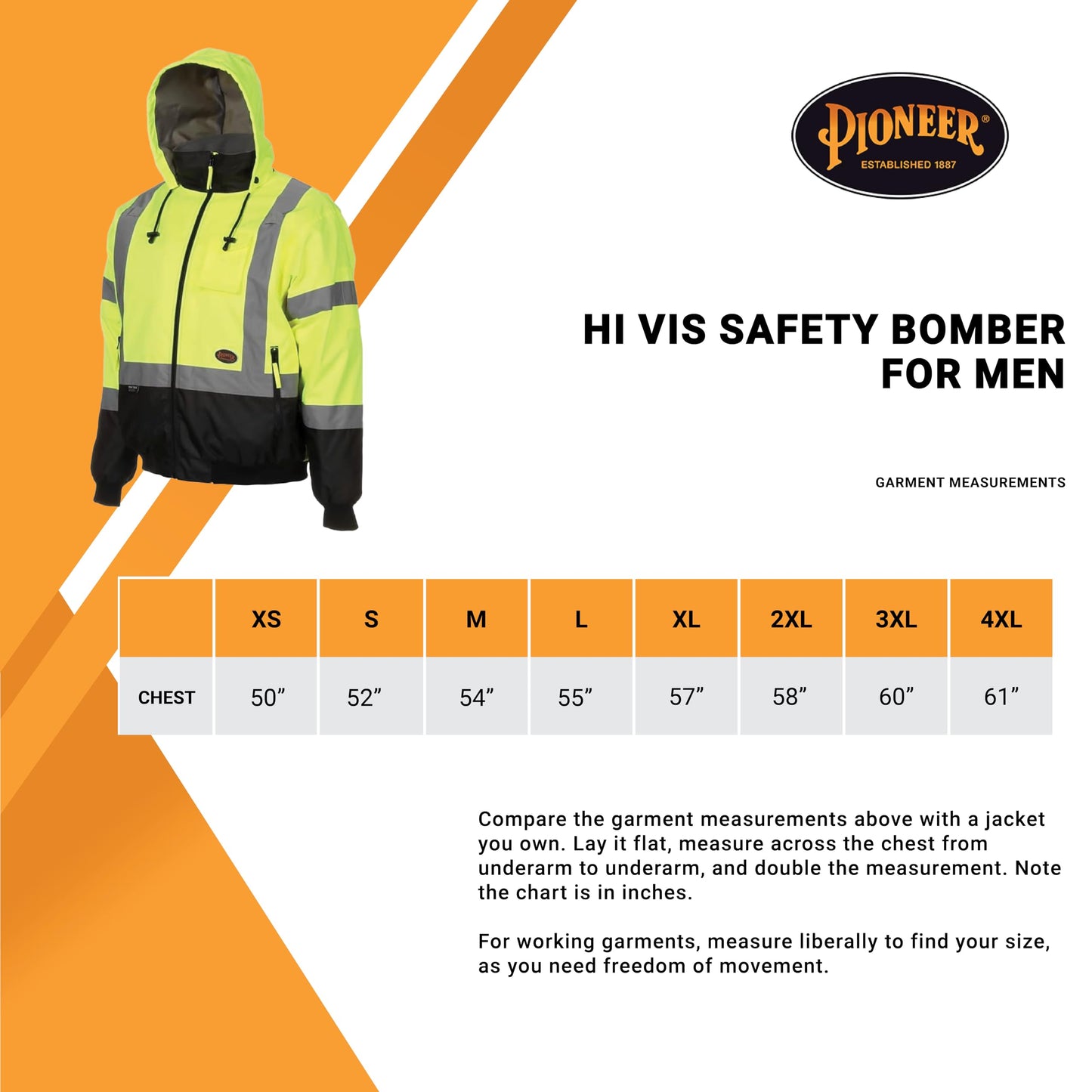 Pioneer Hi Vis Safety Bomber for Men - Waterproof, Reflective ANSI Class 3 Winter Rain Jacket with Detachable Hood