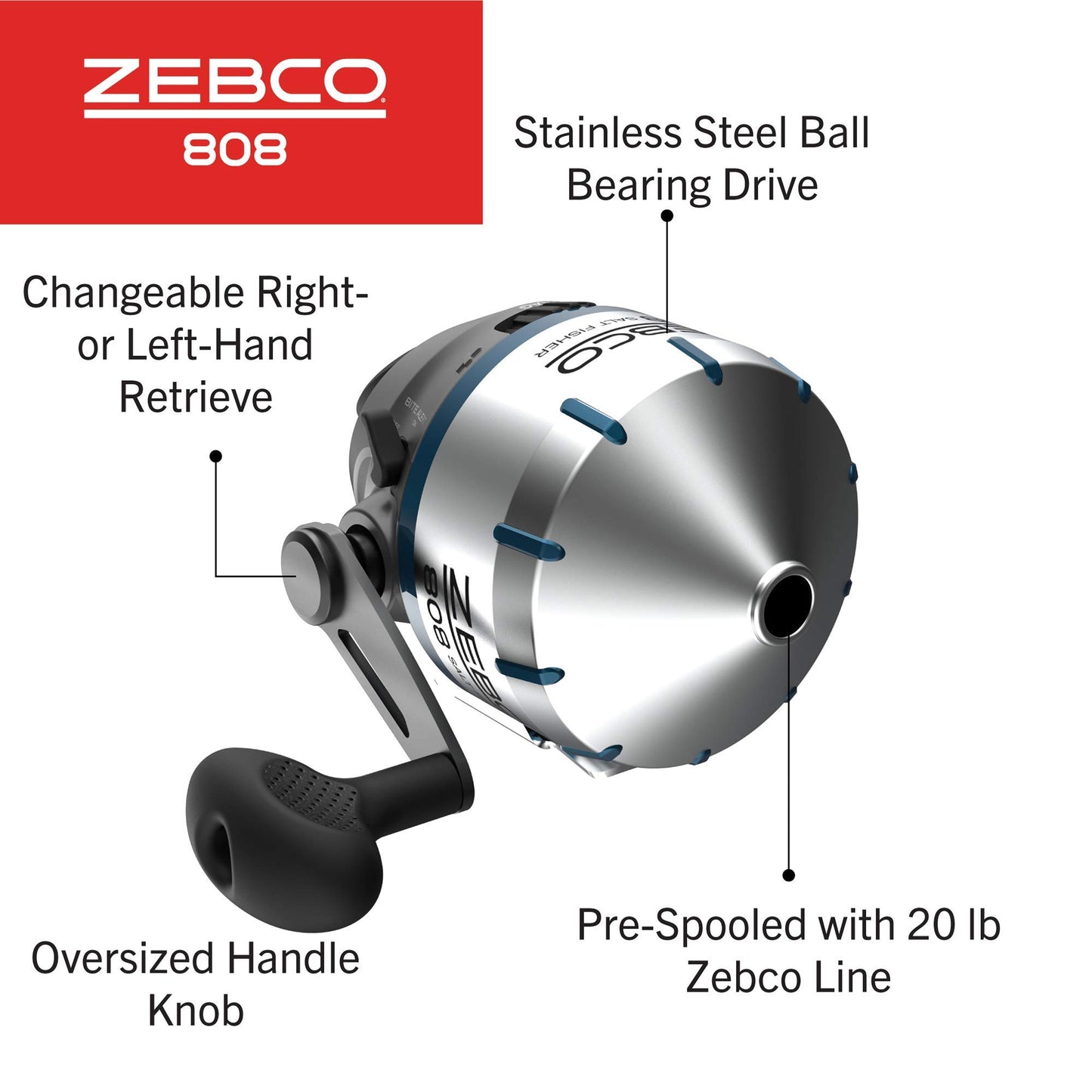 Zebco 808 Saltfisher Spincast Fishing Reel, Size 80 Reel, Changeable Right- or Left-Hand Retrieve, Pre-Spooled with 20-Pound Zebco Fishing Line, Stainless Steel Ball Bearing Drive, Silver