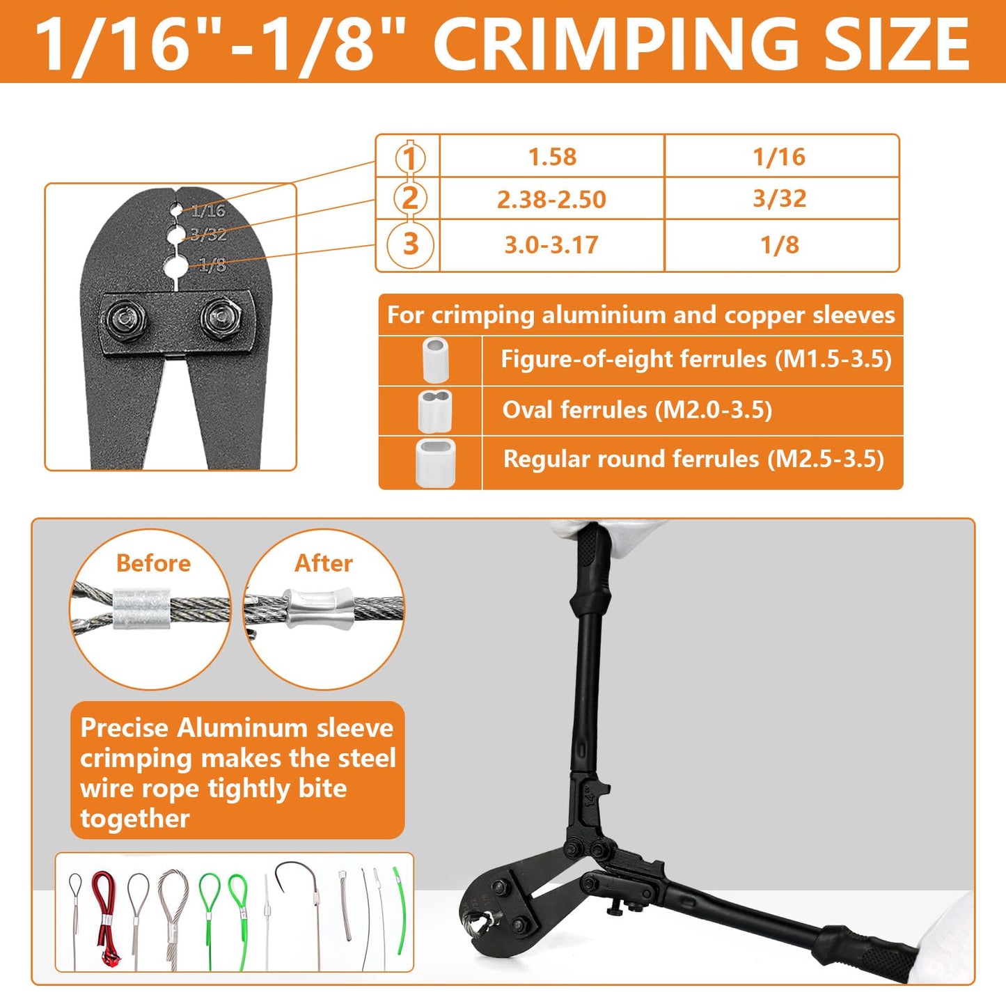TooTaci Wire Rope Crimping Tool, Wire Rope Swaging Tool for Aluminum Oval Sleeves, Double Sleeves, Crimping Loop sleeve from 1/16-inch to 1/8-inch, Cable Crimper