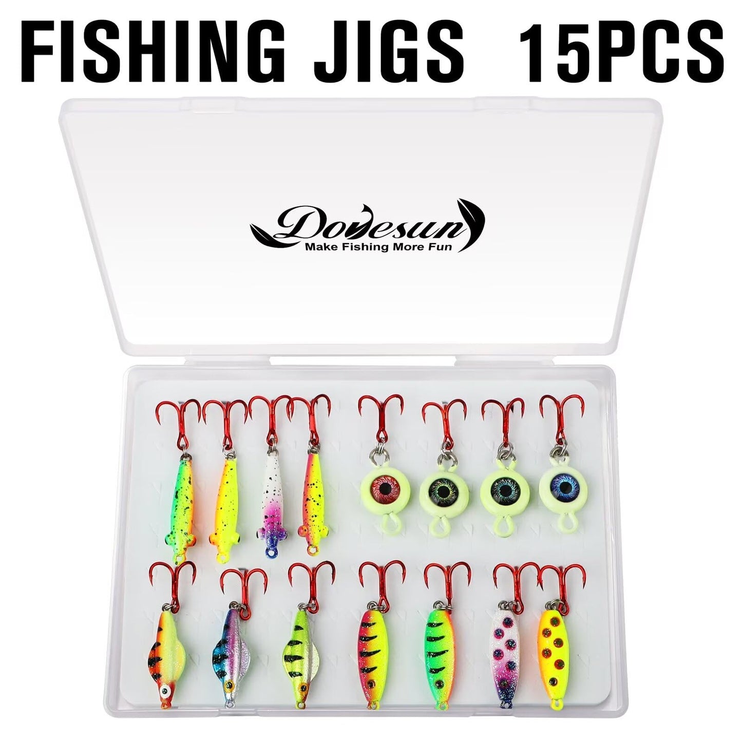 Dovesun Ice Fishing Jigs Ice Fishing Lures Kit Rattling Glow Ice Fishing Spoons for Bass Crappie Panfish Mens Fishing Gifts 15PCS/4PCS/3PCS
