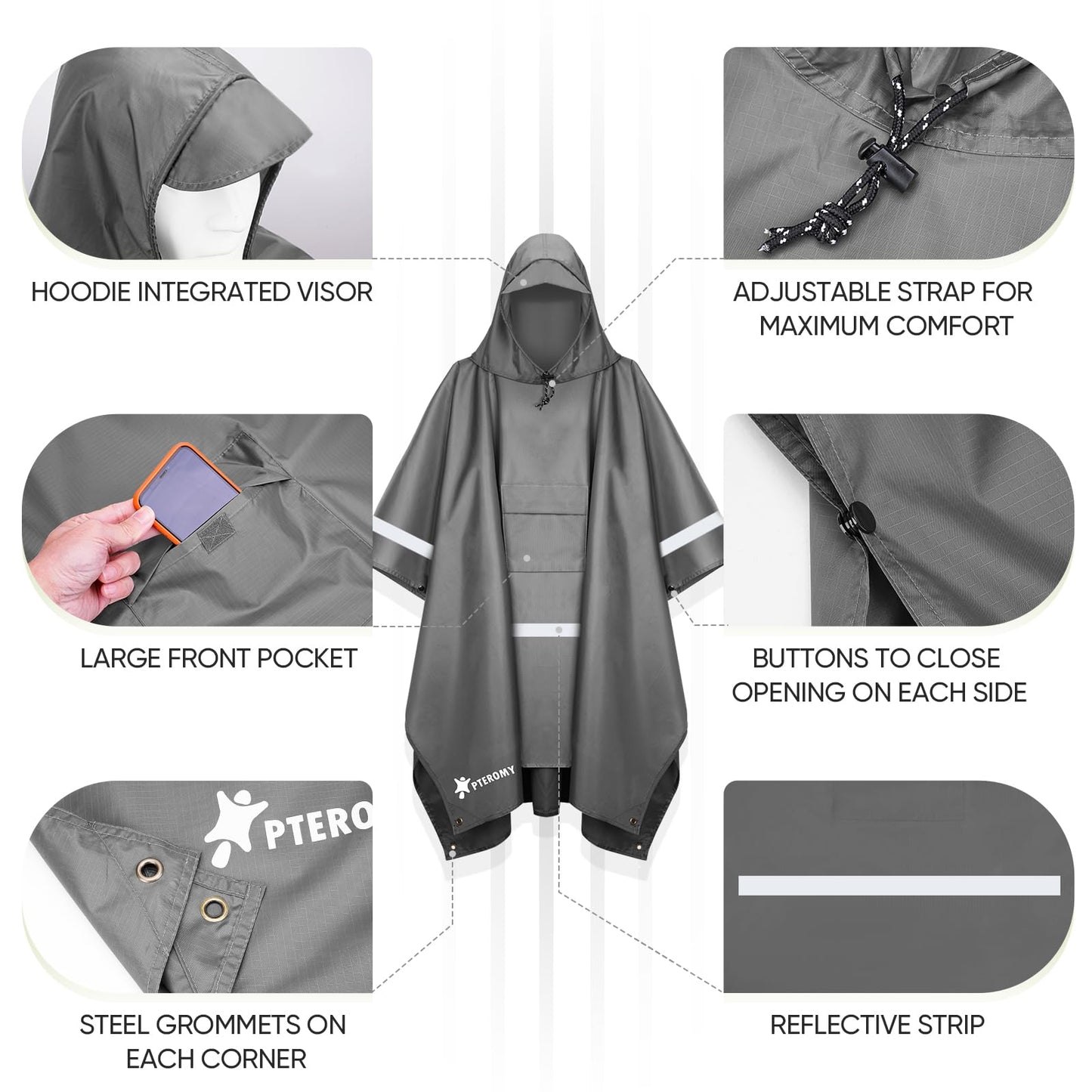 PTEROMY Hooded Rain Poncho for Adult with Pocket, Waterproof Lightweight Unisex Raincoat for Hiking Camping Emergency