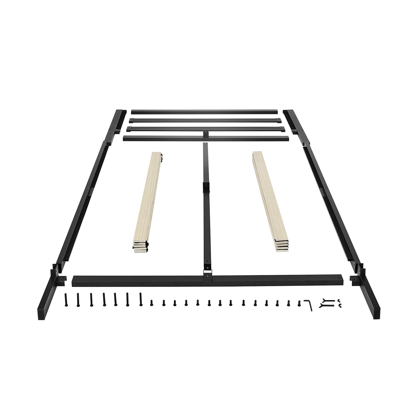 Amazon Basics Industrial Metal Bed Frame with Modern Headboard and Wood Slat Support, 14 Inches High, No Box Spring Needed, Noise-Free, Easy Assembly, Under Bed Storage, Queen Size, Black