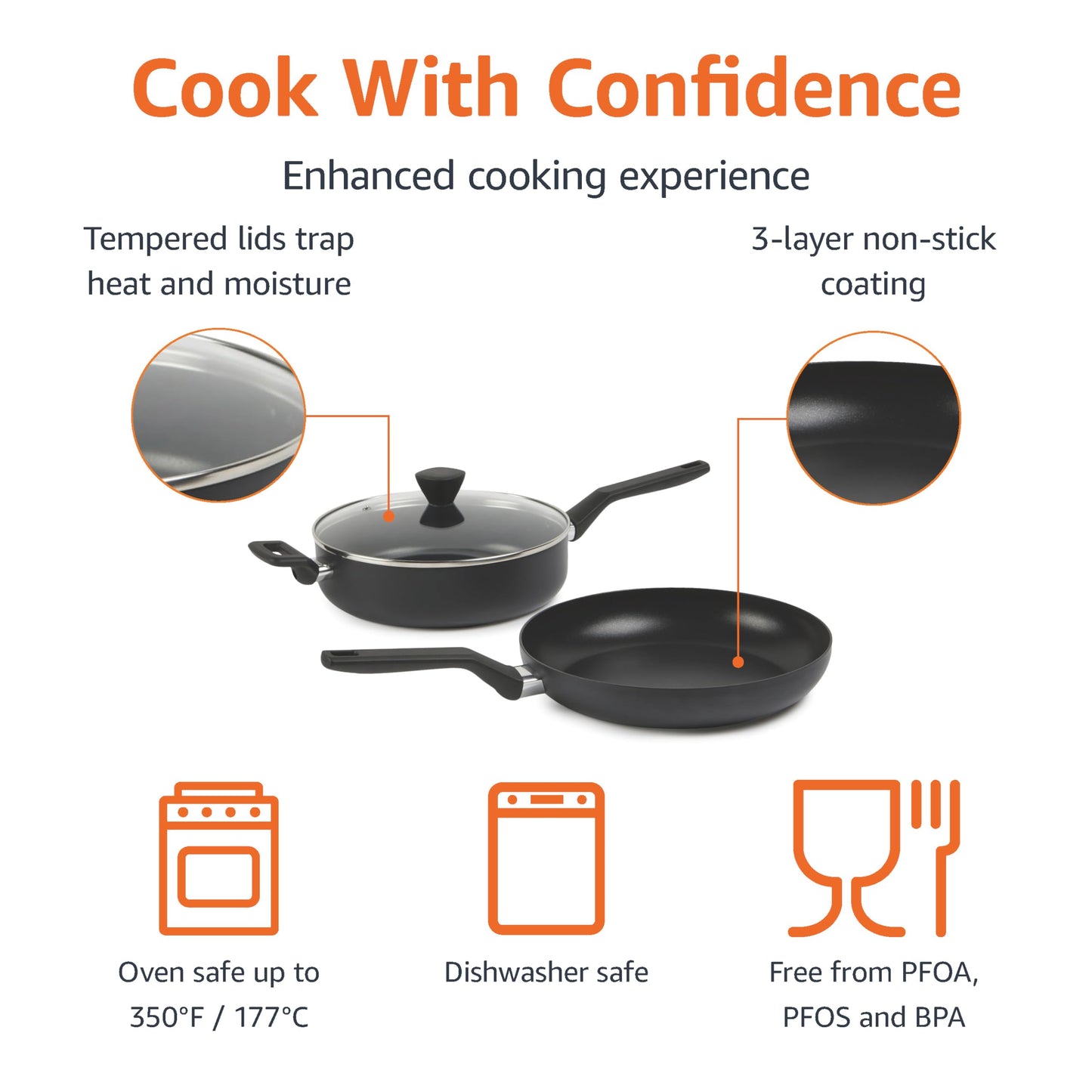 Amazon Basics 10 -Piece Hard Anodized Non-stick Stackable Cookware Pots and Pans Set, Space Saving, made without PFOA, Black