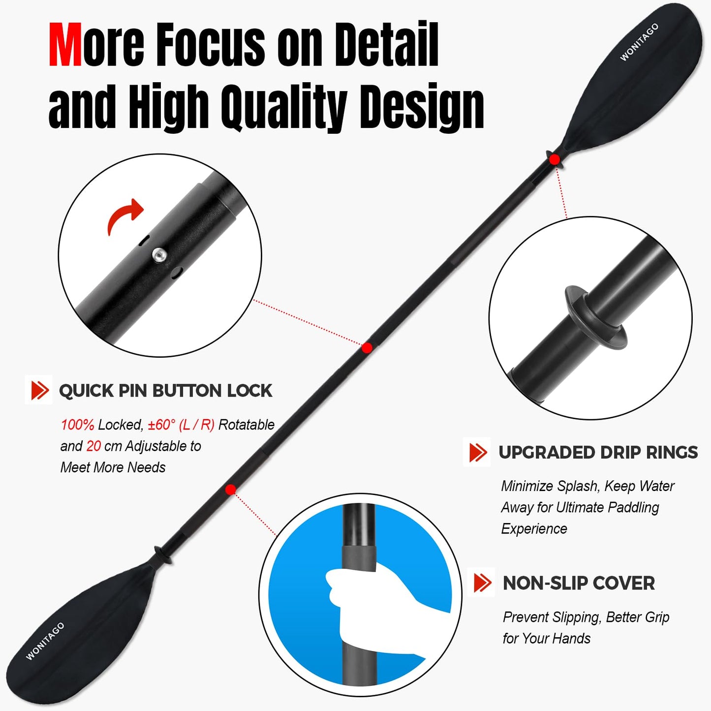 WONITAGO Kayak Paddles with Alloy Shaft and PP Blade, Floating Kayaking Oars, Adjustable 230-250 cm/90-98 Inches, Black