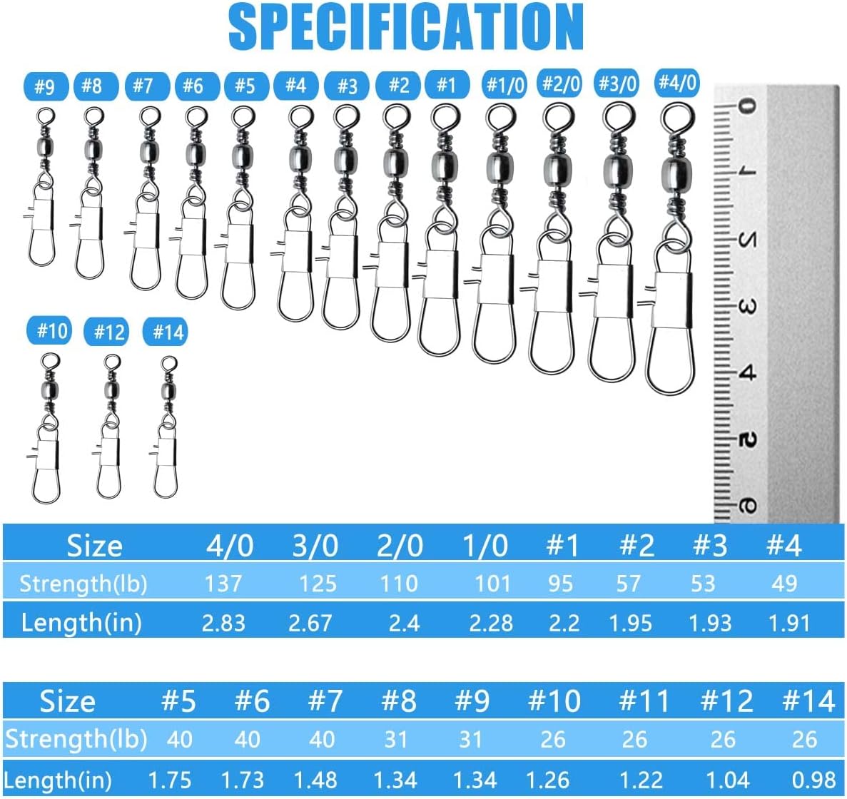 50/250pcs Fishing Barrel Swivels with Safety Snaps Swivel Stainless Steel High Strength Interlock Snap Swivels Rolling Connector Black Nickel Solid Ring Freshwater Fishing Tackles Accessories