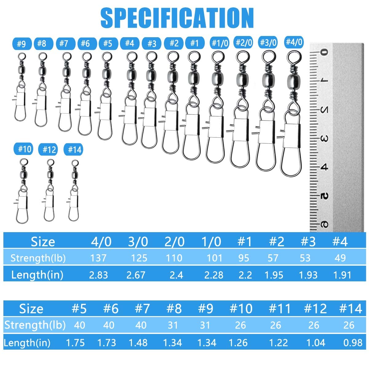 50/250pcs Fishing Barrel Swivels with Safety Snaps Swivel Stainless Steel High Strength Interlock Snap Swivels Rolling Connector Black Nickel Solid Ring Freshwater Fishing Tackles Accessories