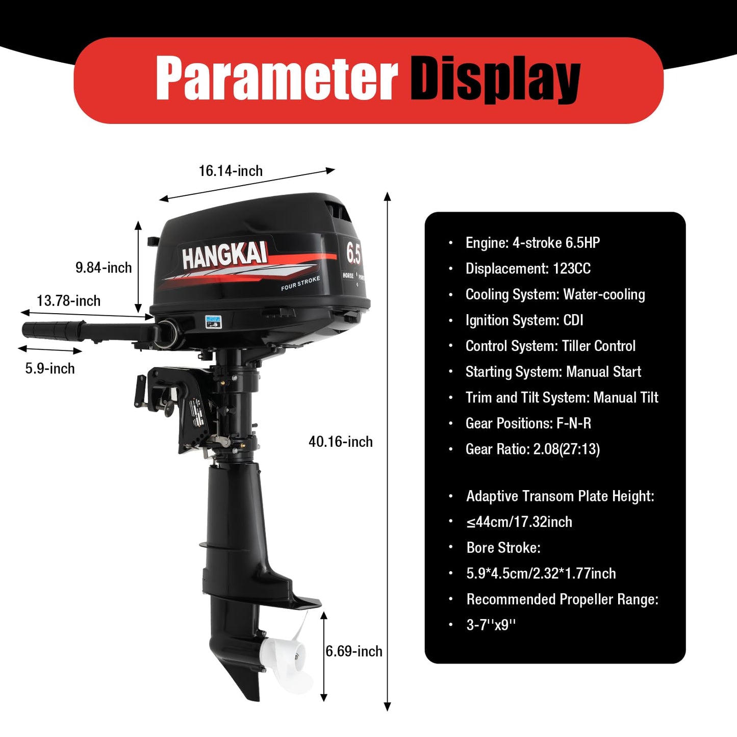 4 Stroke Outboard Motor, 123CC 6.5HP Boat Motor Boat Engine Motor, Heavy Duty Outboard Boat Motor Inflatable Marine Fishing Boat Yacht Engine (Fuel tank and Hoses Not Included)