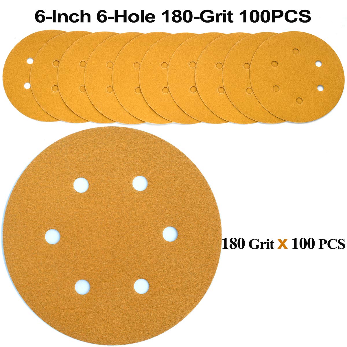6-Inch 6-Hole Hook and Loop Sanding Discs 600-Grit, Random Orbital Sandpaper for Automotive and Woodworking, 100-Pack