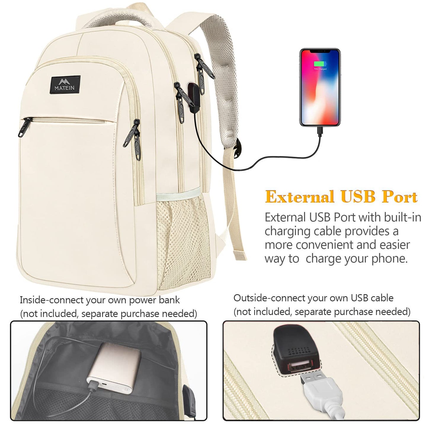 MATEIN Travel Laptop Backpack, Business Anti Theft Slim Sturdy Laptops Backpack with USB Charging Port, Water Resistant College School Computer Bag Gift for Men & Women Fits 15.6 Inch Notebook, Grey