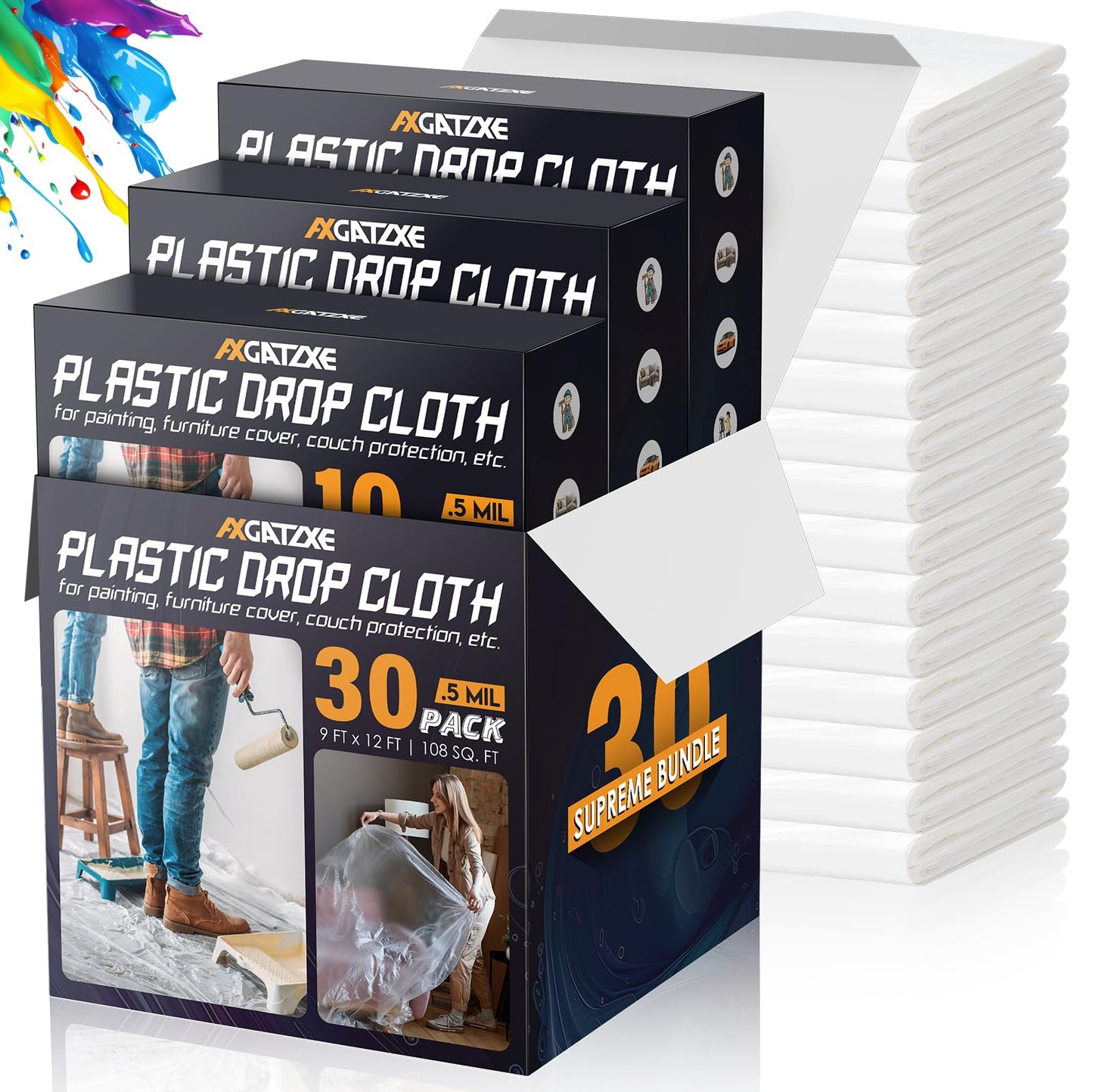 12 x 9 Ft Plastic Drop Cloths (6-Pack) - Disposable Painter's Sheeting & Tarps for Painting, Waterproof Furniture/Couch/Floor Protection