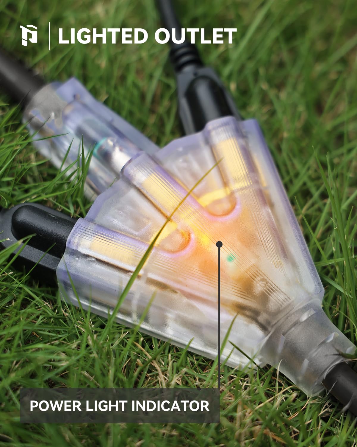 25Ft 12/3 Outdoor Extension Cord with 3-Outlets, Heavy Duty 12 Gauge 3 Prong Extension Cord Waterproof with Lighted end, 15A 12AWG 1875W SJTW, ETL Listed - Great for Garage, Garden and Home, Yellow