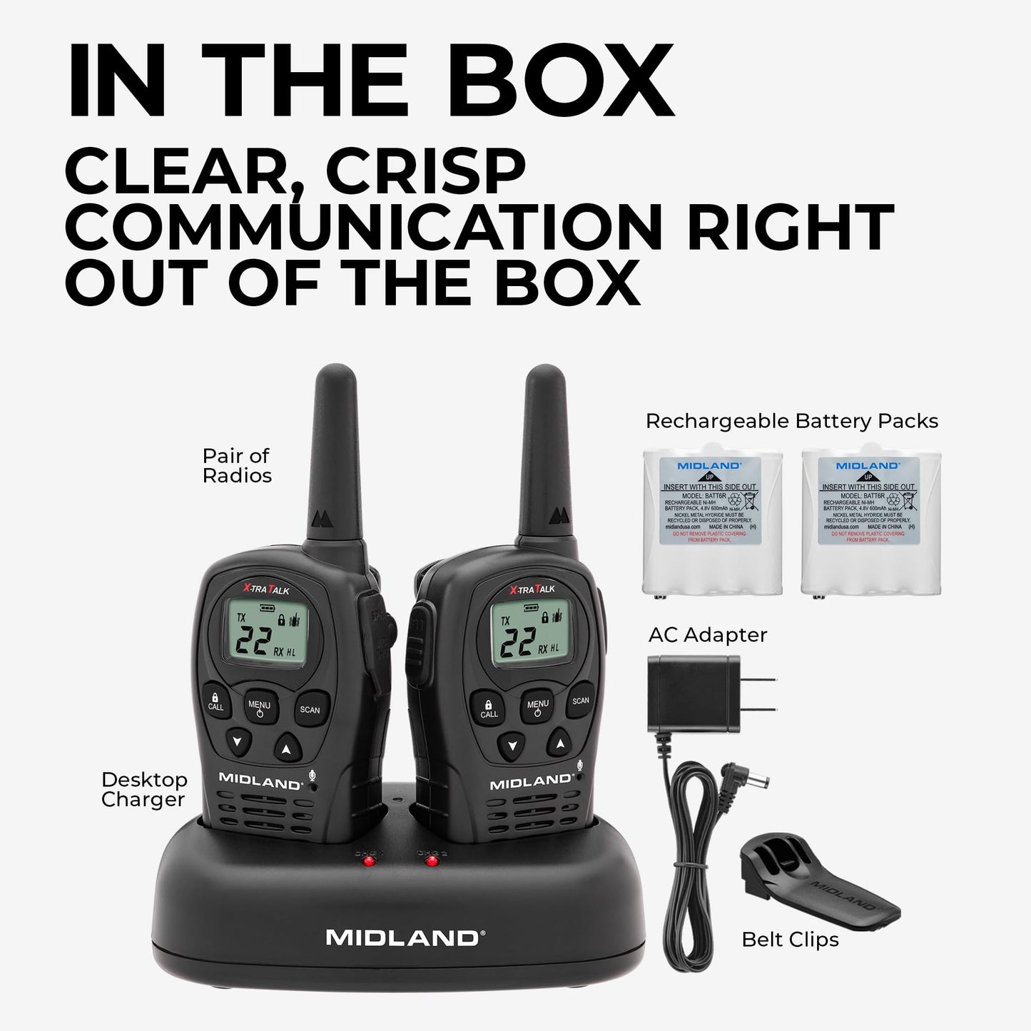 Midland - LXT500VP3, 22 Channel FRS Walkie Talkies with Channel Scan - Extended Range Two Way Radios, Silent Operation, Batteries Included (Pair Pack) (Black)