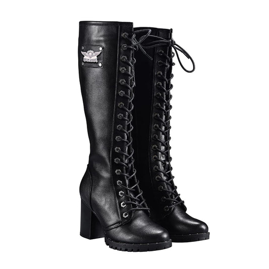 Dream Apparel Women's Faux Leather Lace Up Knee High Boots, Black Motorcycle Riding Boots with Chunky Heel, Sexy Biker Boots with Side Zipper