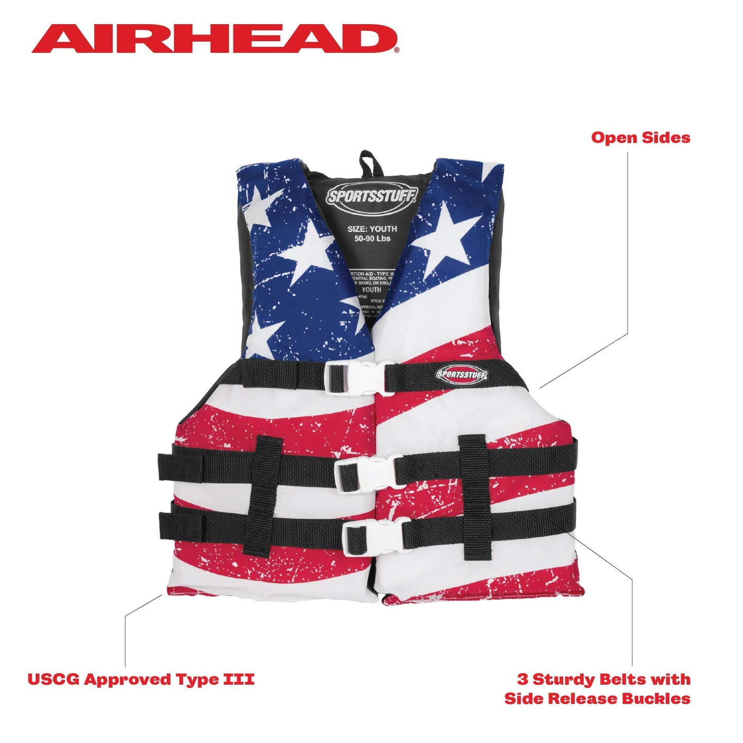 Sportstuff Type III Life Jacket US Coast Guard Approved Open Sides with 3 Body Belts & Buckles Quick Dry Fabric, Secure Fit, Comfortable Stars & Stripes