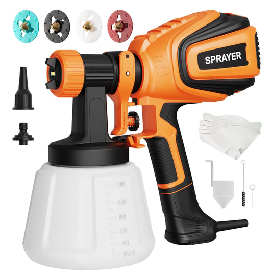Paint Sprayer, 700W HVLP Spray Gun with Cleaning & Blowing Joints, 4 Nozzles and 3 Patterns, Easy to Clean, for Furniture, Cabinets, Fence, Walls, Door, Garden Chairs etc. VF803