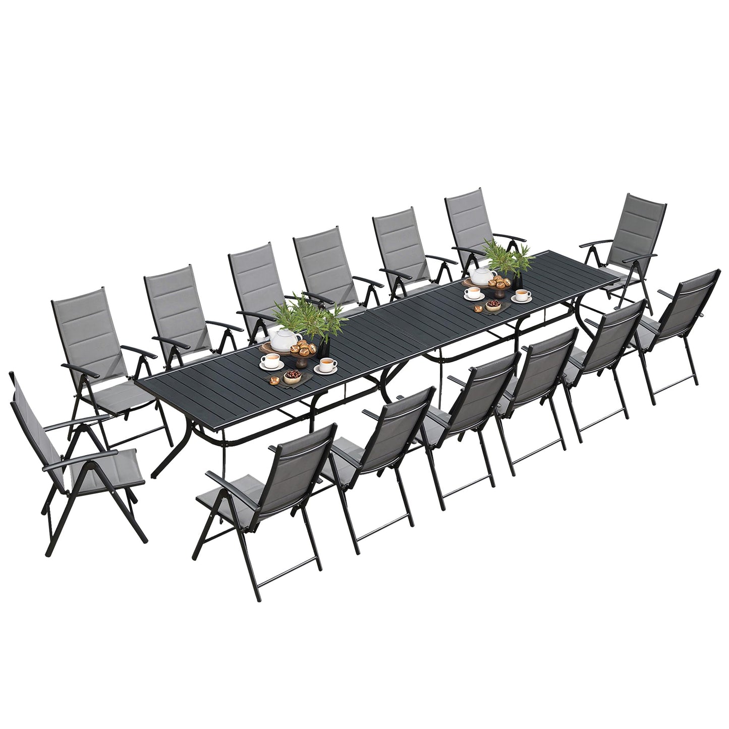 PURPLE LEAF 9 Pieces Outdoor Patio Dining Set with 8 Folding Portable Chairs and 1 Rectangle Aluminum Table, Foldable Adjustable High Back Reclining Chairs with Soft Cotton-Padded Seat, Grey