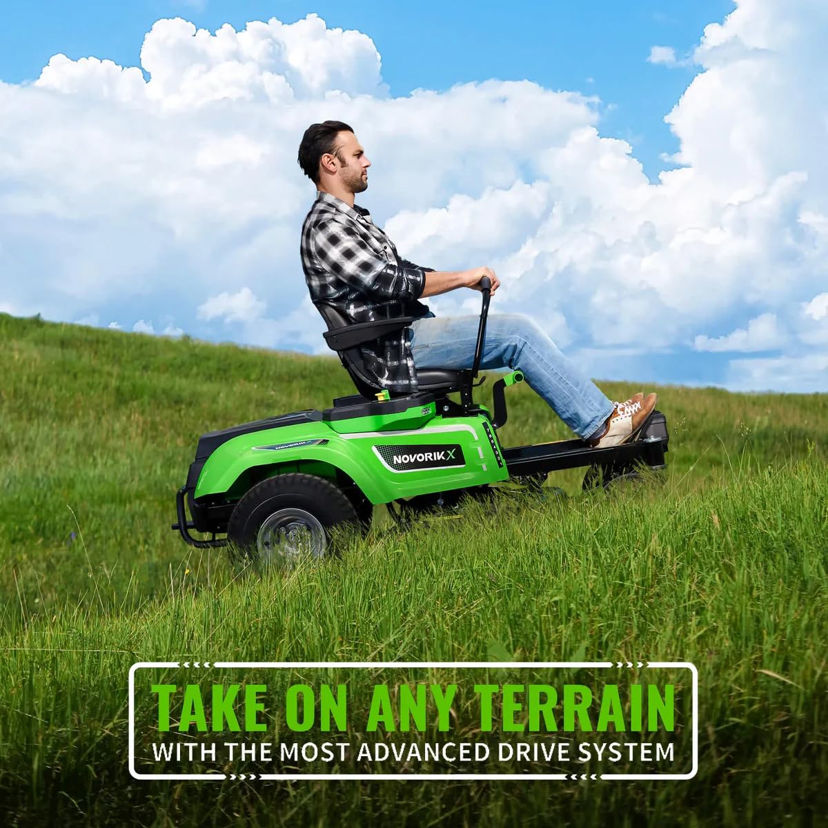 NovorikX 54V 42'' Cordless Electric Riding Lawn Mower, Zero Turn Lawn Mower with 4 * 10AH Batteries and Plug in Charger for Large Yard