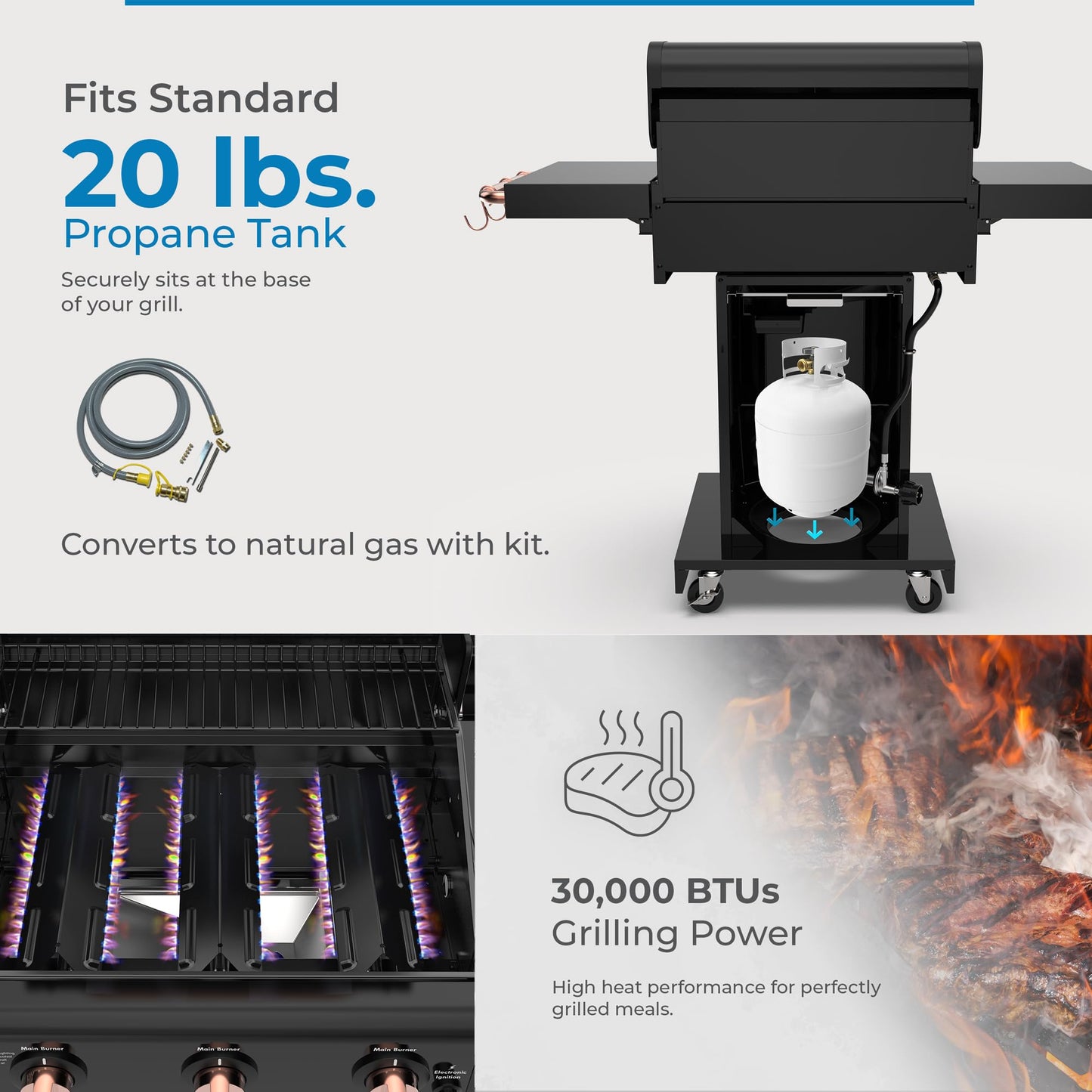 Kenmore 3-Burner Propane BBQ Grill, 30,000 BTUs Gas Grill with Cast Iron Cooking Grates, Folding Side Tables & Wheels, Outdoor Grill with Tool Hooks, Azure Blue