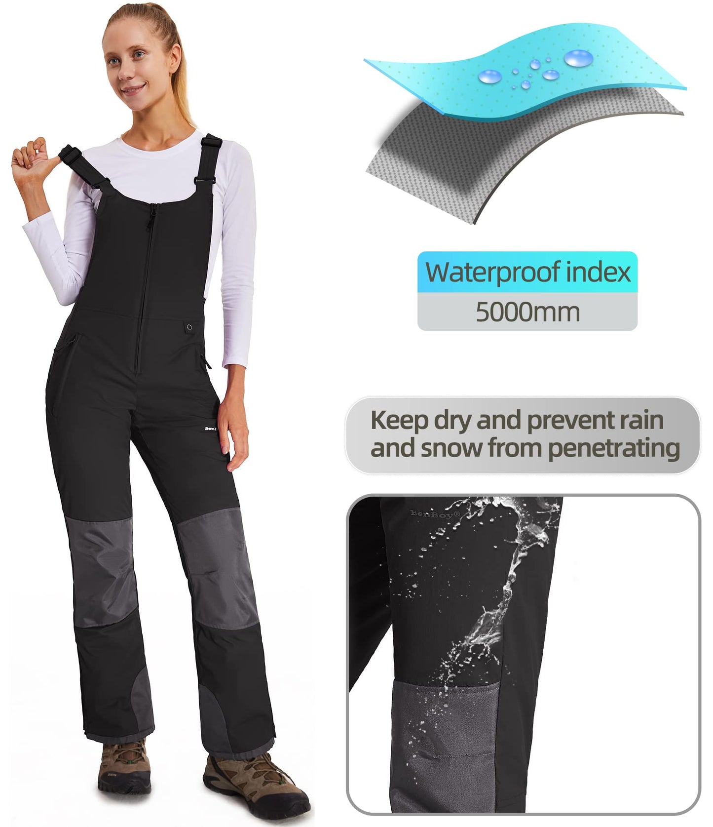 BenBoy Women's Snow Bibs Ski Waterproof Windproof Insulated Overalls Ripstop Snowboard Pants Winter
