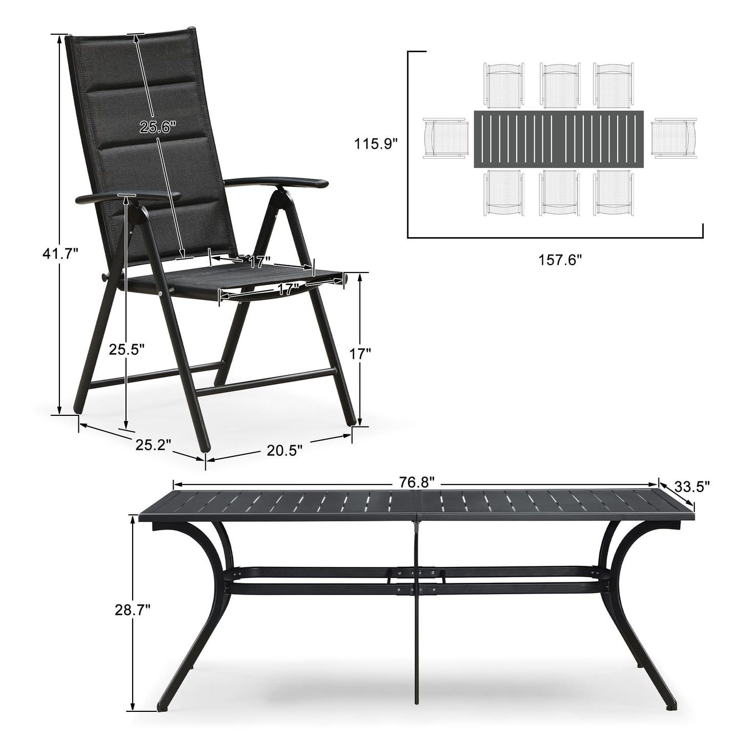 PURPLE LEAF 9 Pieces Outdoor Patio Dining Set with 8 Folding Portable Chairs and 1 Rectangle Aluminum Table, Foldable Adjustable High Back Reclining Chairs with Soft Cotton-Padded Seat, Grey