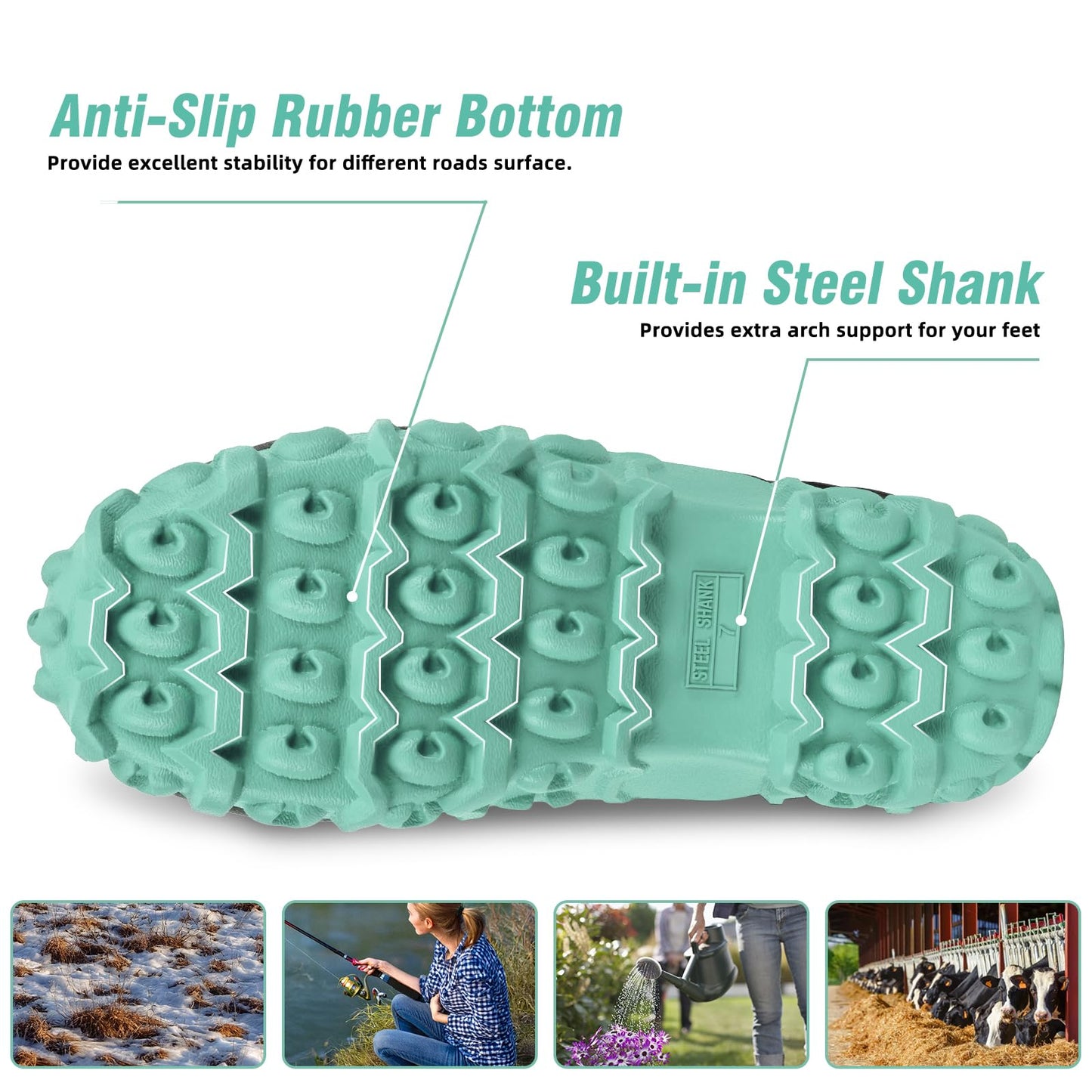 Rubber Boots for Women with Steel Shank, 6mm Neoprene Mid Calf Rain Boots, Waterproof Insulated Mud Work Boots All Season, Size 5-11