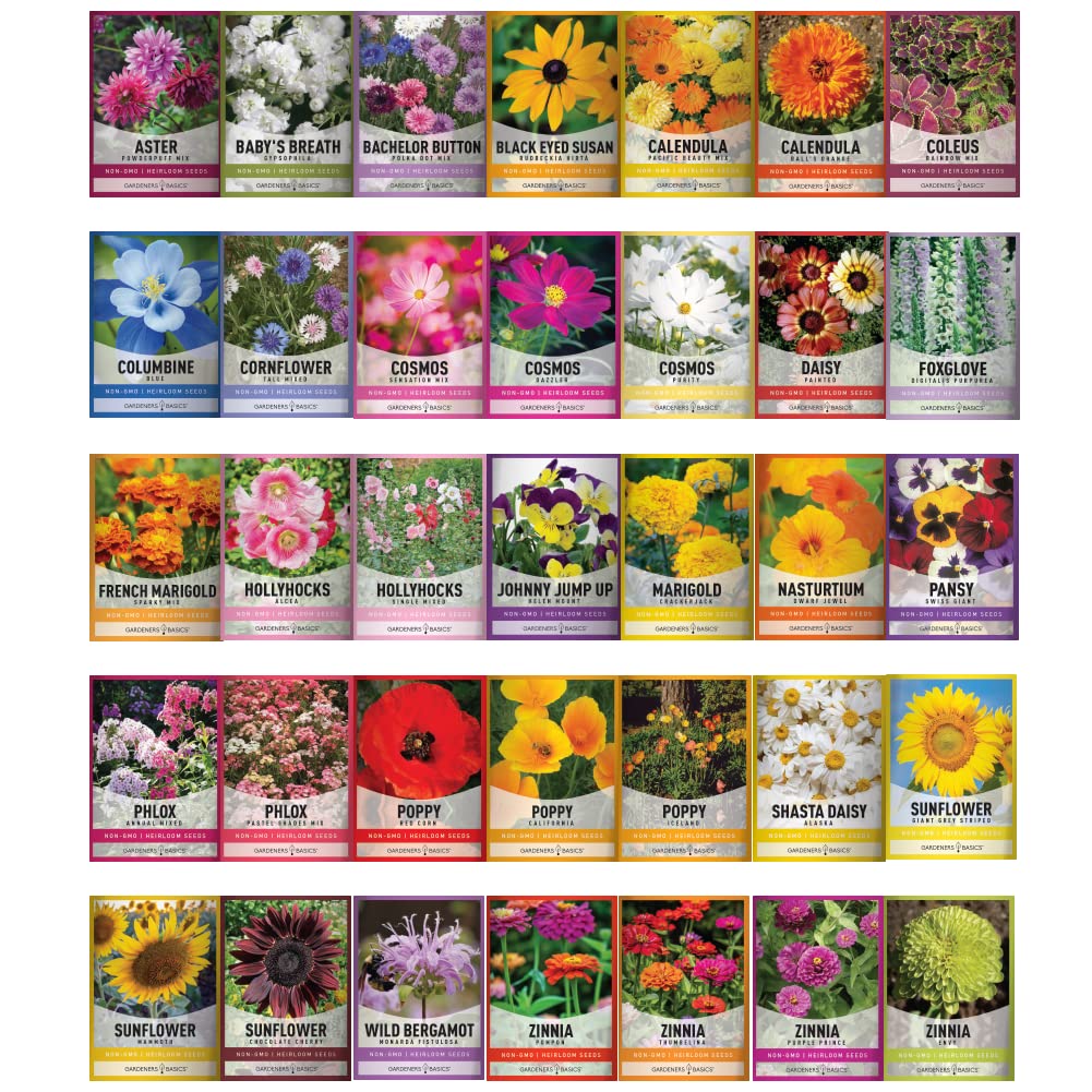Gardeners Basics, Flower Seeds Packets for Planting 35 Individual Varieties Perennial, Annual, Wildflower Seeds for Planting Outdoors for Bees and Butterflies - Semillas de Flores Hermosas