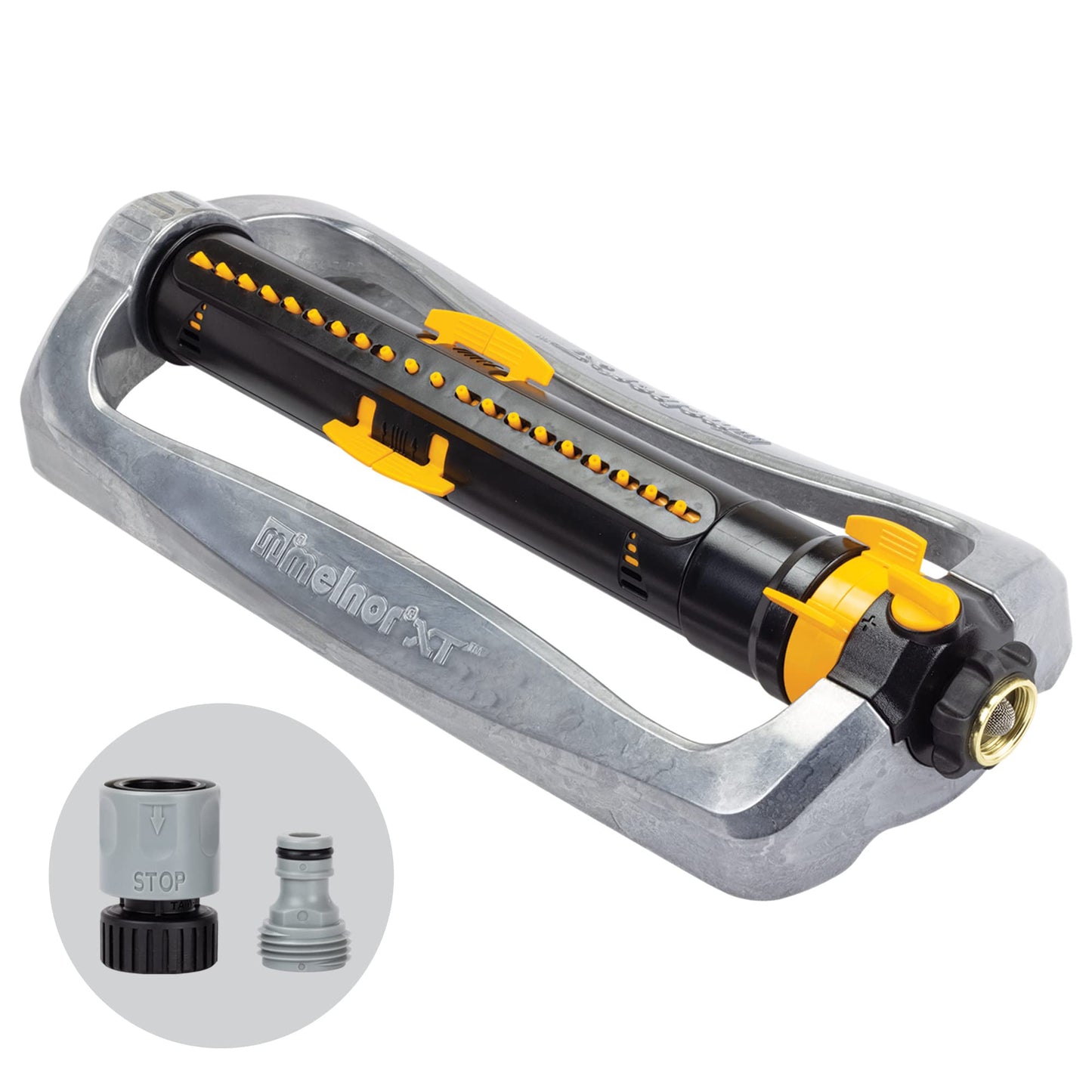 Melnor 65167AMZ XT Turbo Oscillating Sprinkler, 4,500 sq. ft., Quick Connect Bundle, 3-Way Adjustable, Black, Yellow