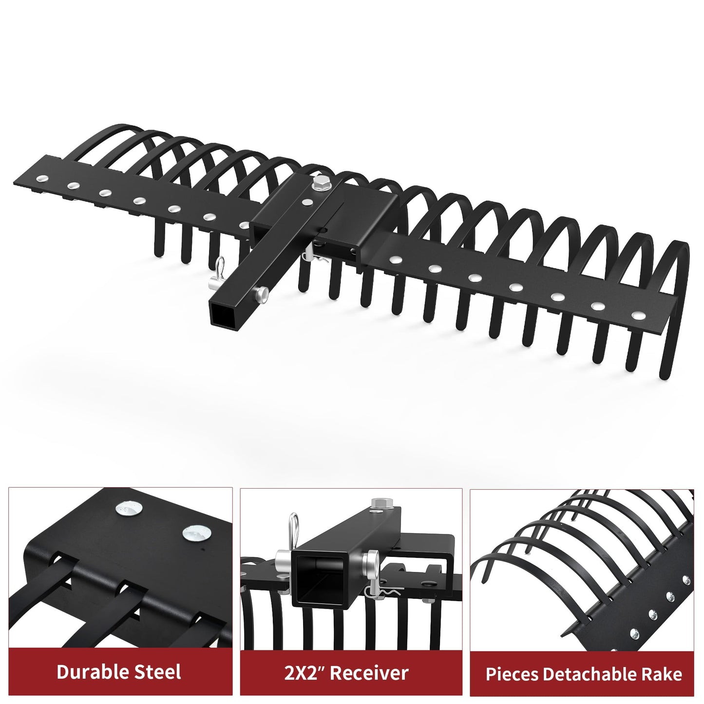 YITAMOTOR 4FT Tractors Rake 17 Pine Straw Rake Fits 2" Receiver for Lawn Tractors or ATV/UTV