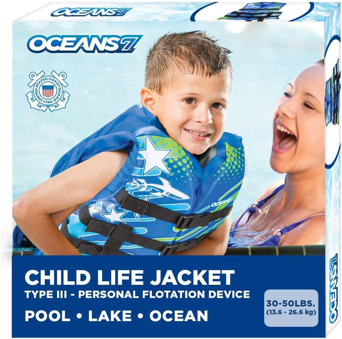 Oceans7 US Coast Guard-Approved, Type III – Kids Life Jacket – Personal Flotation Device with Comfortable Flex-Form-Fit Open-Sided Design – Blue/White