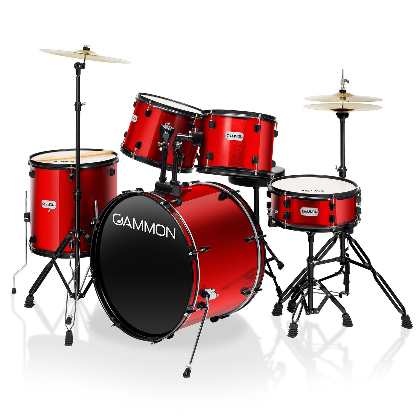 Gammon Percussion Full Size Complete Adult 5-Piece Drum Set with Cymbals, Stands, Stool, and Sticks - Red