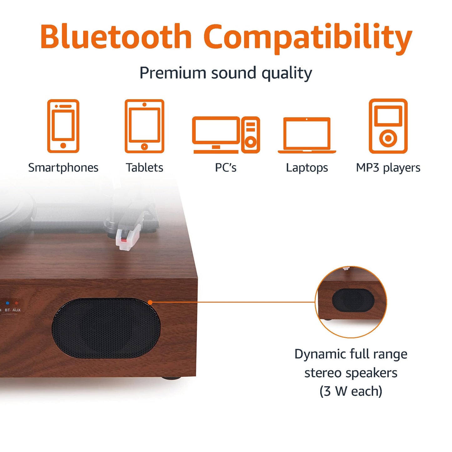 Amazon Basics Desktop Vinyl Record Player Turntable with Bluetooth Playback, Built-in Speakers, 3-Speed, Wireless Playback, Black