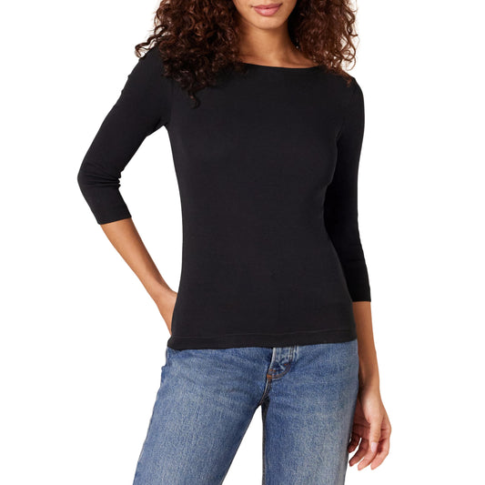 Amazon Essentials Women's Slim-Fit 3/4 Sleeve Boat Neck Cotton Modal Micro Rib T-Shirt