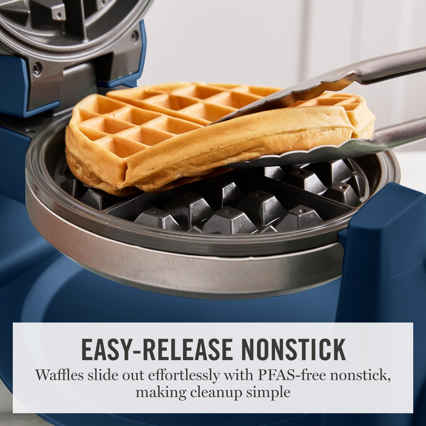 Martha Stewart Rotating Waffle Maker, 180° Flip Iron with PFAS-Free Nonstick Plates, Adjustable Timer, Ready Light, Drip Tray, Space Saving, Classic Round 7”, Easy to Clean, Stainless Steel, Sky Blue