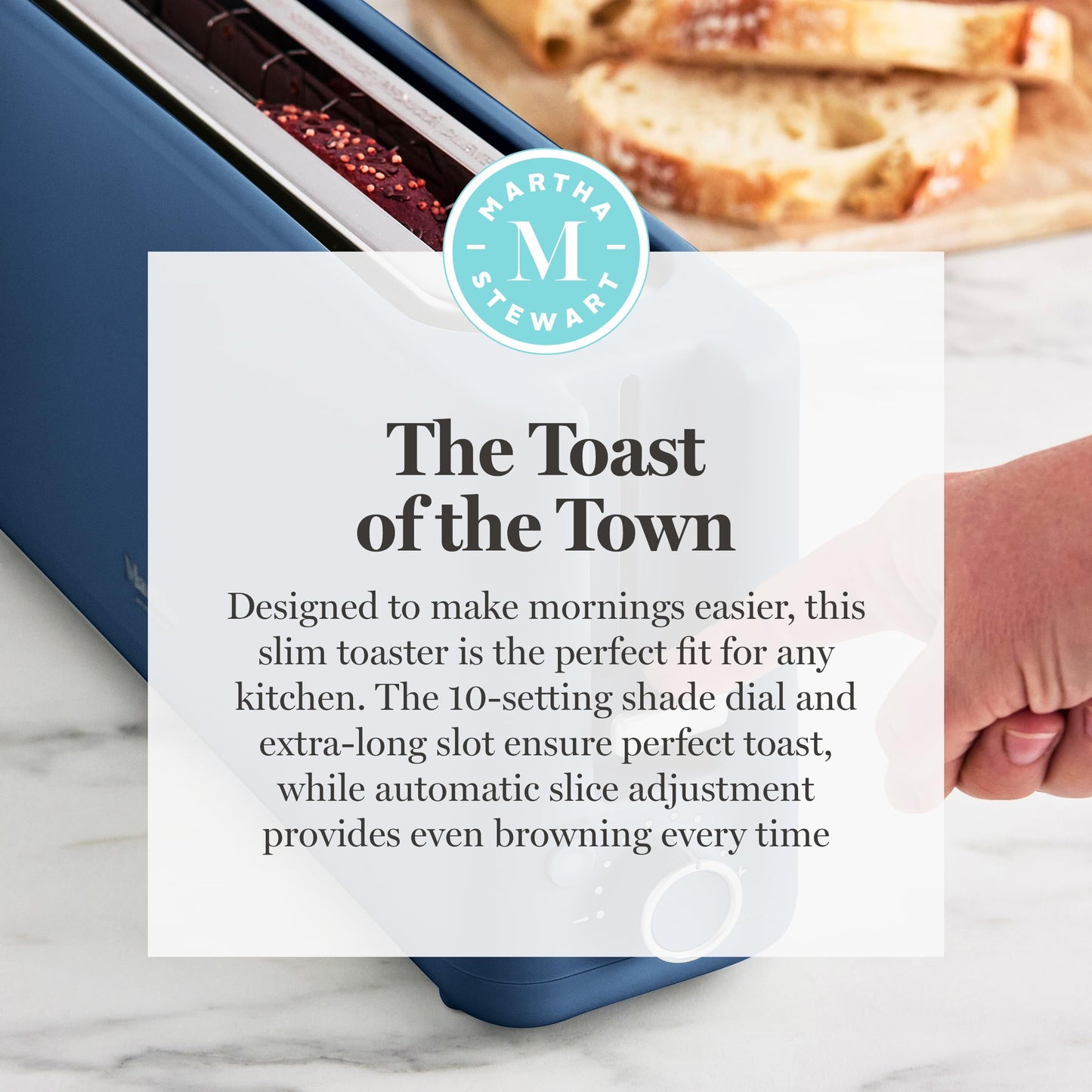 Martha Stewart 2 Slice Long Slot Toaster, Extra Wide for Sourdough & Bagels, 10 Setting Shade Control, Removable Crumb Tray, Self-Centering Design, Defrost/Reheat, Cancel, Slim Space-Saving, Honeydew