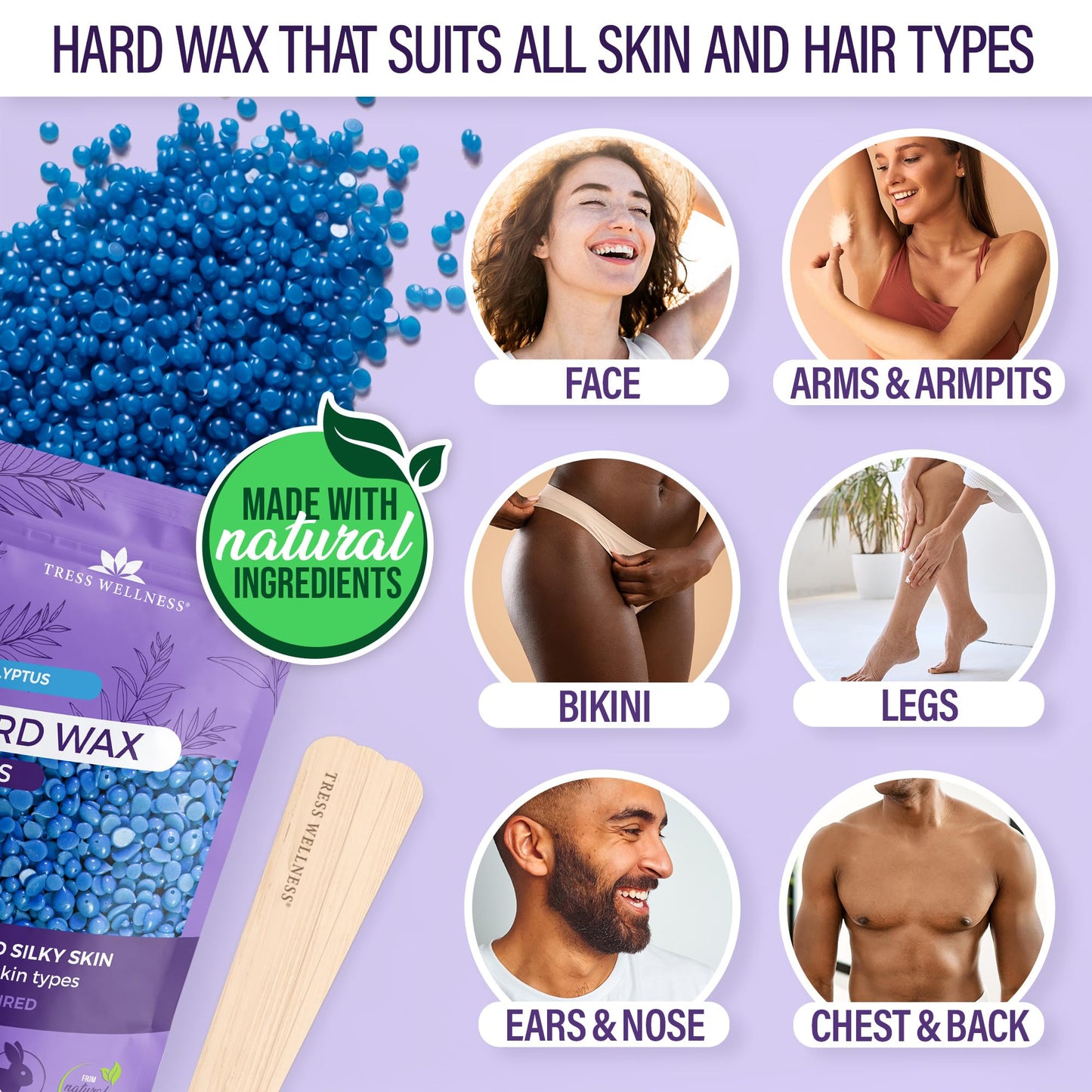 Tress Wellness Waxing Kit for Sensitive Skin – Safe for Face & Skin, Prep & Aftercare Spray, Easy to Use – At-Home Kit for Face, Bikini, Brazilian & Full Body - Digital Display, Black Purple Flower