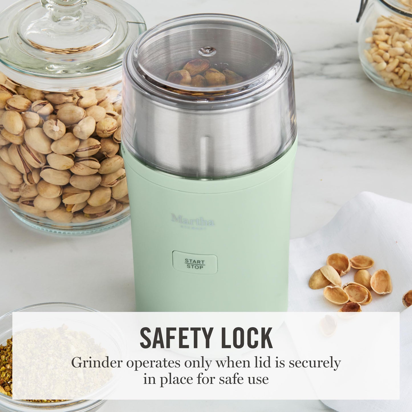 Martha Stewart Electric Coffee & Spice Grinder, Dual 2.5oz Removable Bowls, Storage Lids, Stainless Steel Blades, One Touch Pulse Control, 2-in-1 Compact, Beans & Spices, Herbs & Nuts, Sky Blue