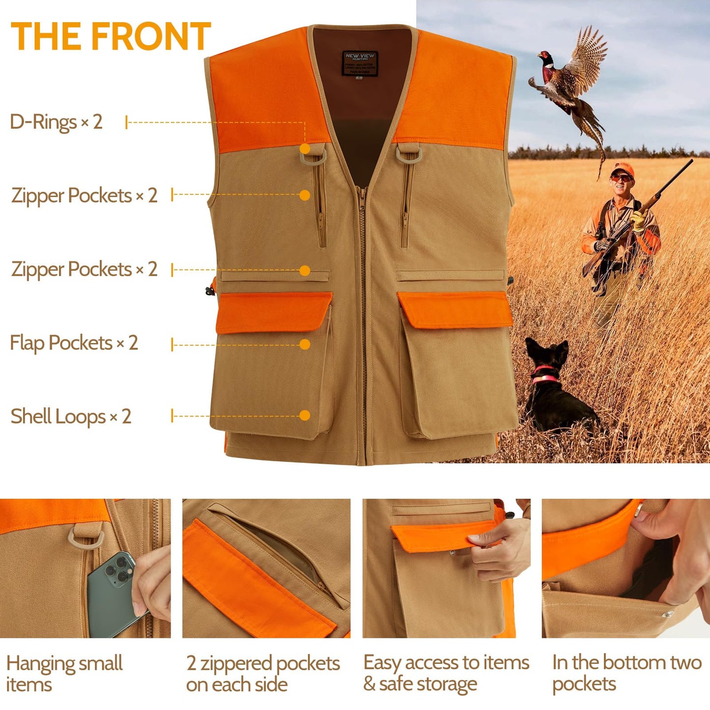 NEW VIEW Upland Hunting Vest for Men- Blaze Orange, Pheasant Hunting Vest with Game Pouch, Bird Hunting Vest for Quail