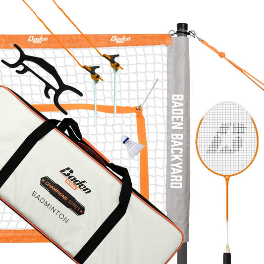 Baden Champions Portable Badminton Set | Regulation Net, 4 Racquets, 3 Shuttlecocks, Boundary & Carry Bag | Ideal for Backyard Fun | Orange/Gray